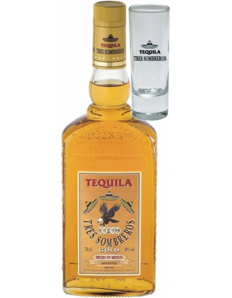 Текила "Tres Sombreros" Tequila Gold, with glass, 0.7 л